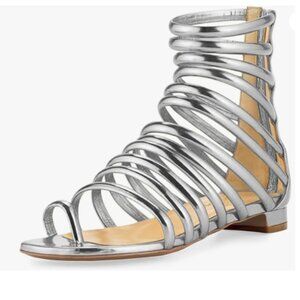 YDN Silver Sexy Gladiator Sandals Square Open Toe Zippers Strappy Flats Shoes